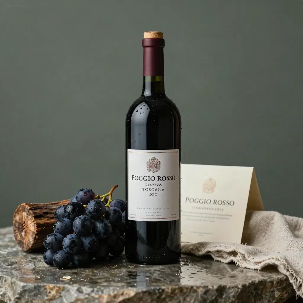 Bottiglia di vino rosso, uva nera, doghe di rovere e lino su pietra, luce calda dopo la pioggia