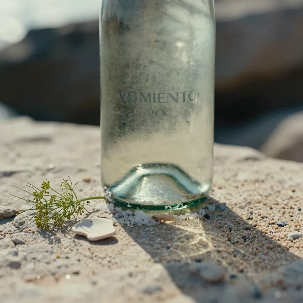 Bottiglia di Vermentino su pietra ruvida con sale, finocchietto e frammento di ceramica