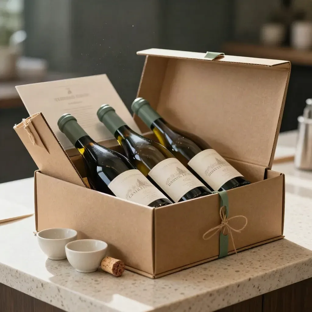 Scatola regalo aperta con tre bottiglie di vino e due coppette da degustazione su travertino.