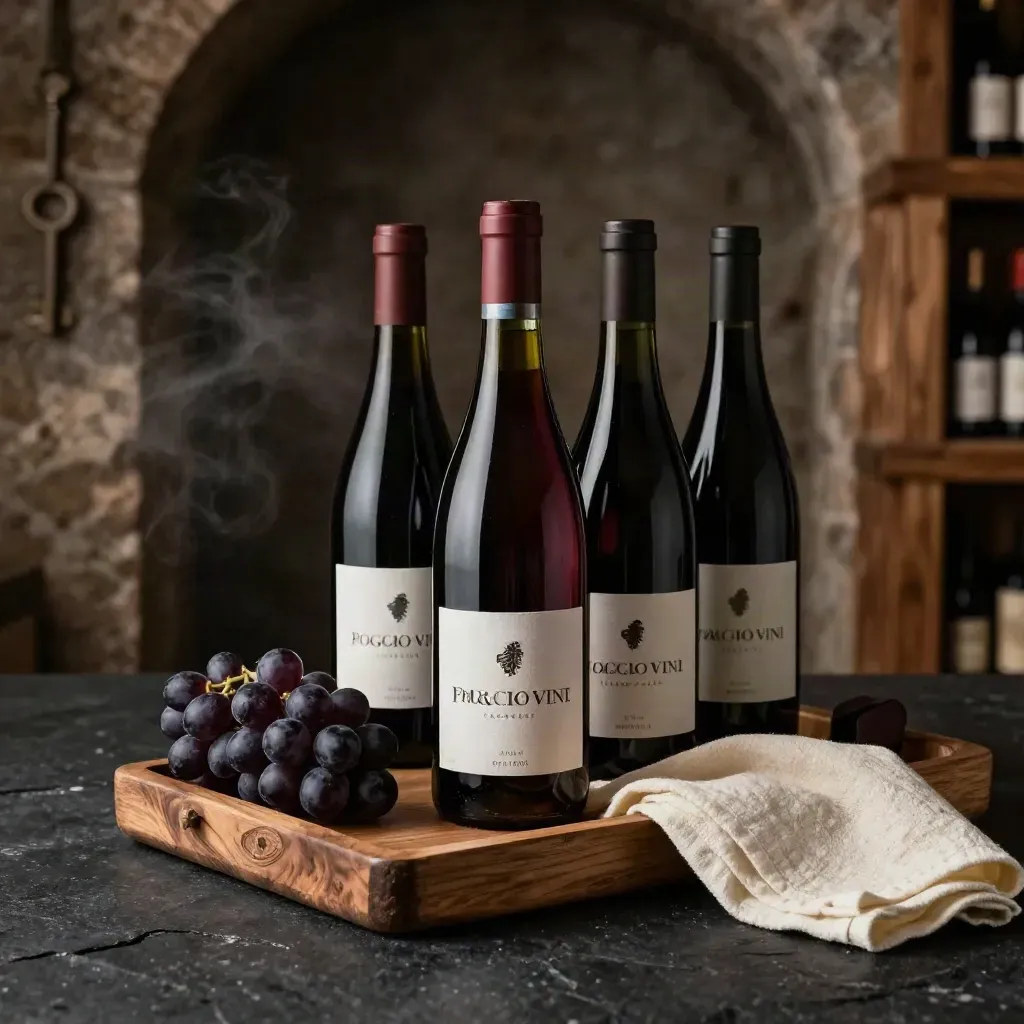 Set degustazione con quattro bottiglie, tagliere, pane, uva e stoffa in una cantina elegante
