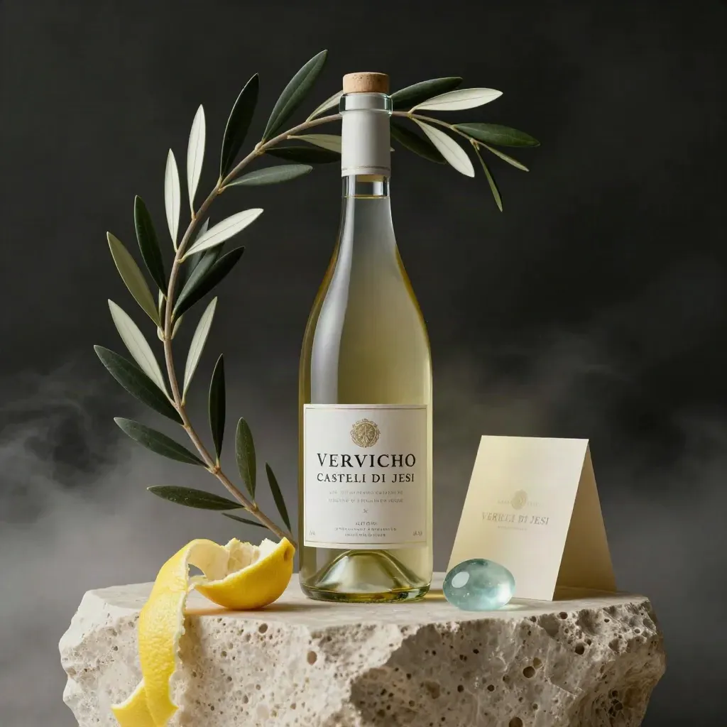 Bottiglia di Verdicchio con ulivo, scorza di limone, vetro marino e pietra chiara su fondo scuro.
