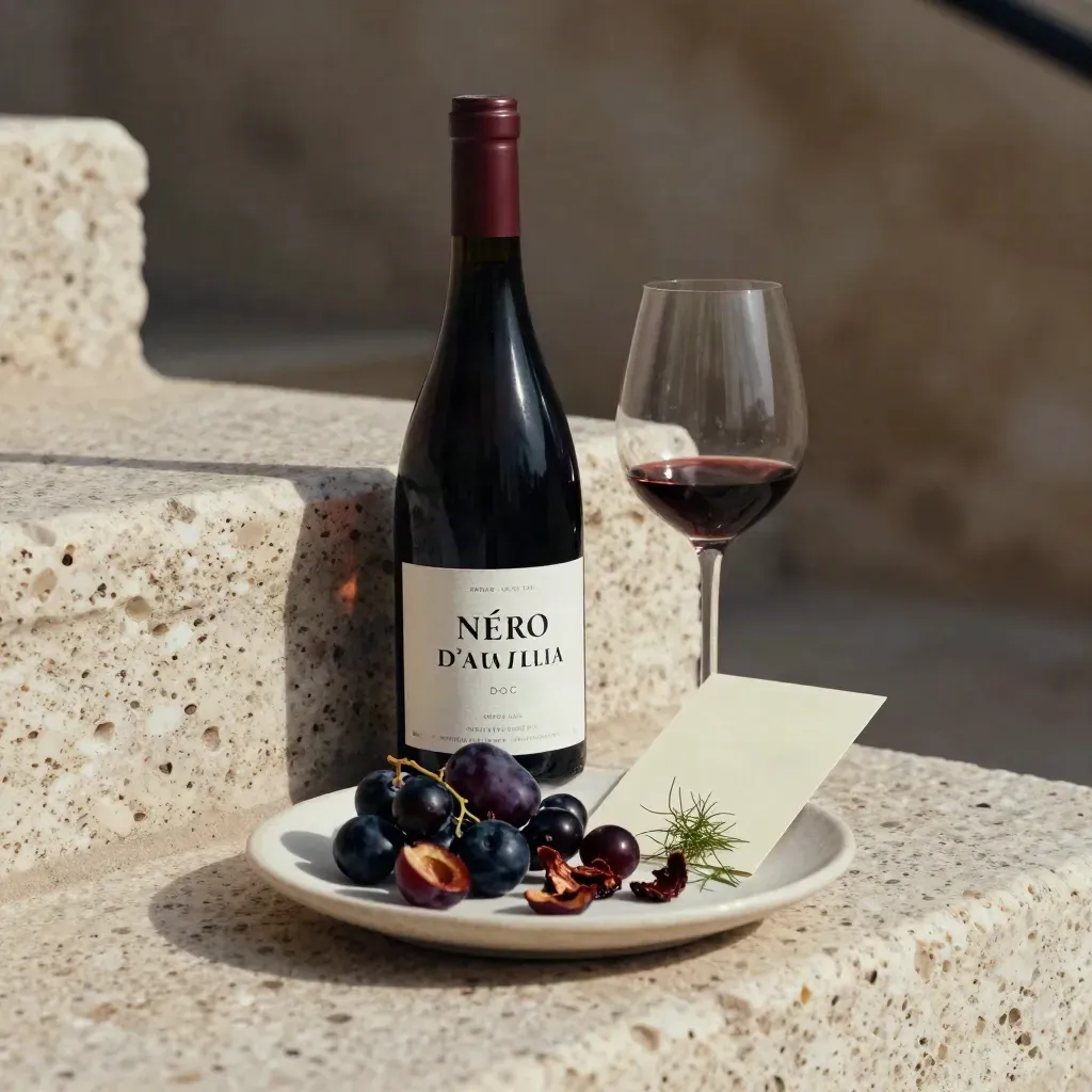 Bottiglia di Nero d’Avola con prugne scure, uva e piatto ceramico su pietra